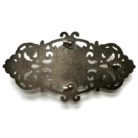 1pc Vintage filigree buckle faux turquoise accents. Gunmetal finish. 5 x 2.75 - Picture 3 of 11